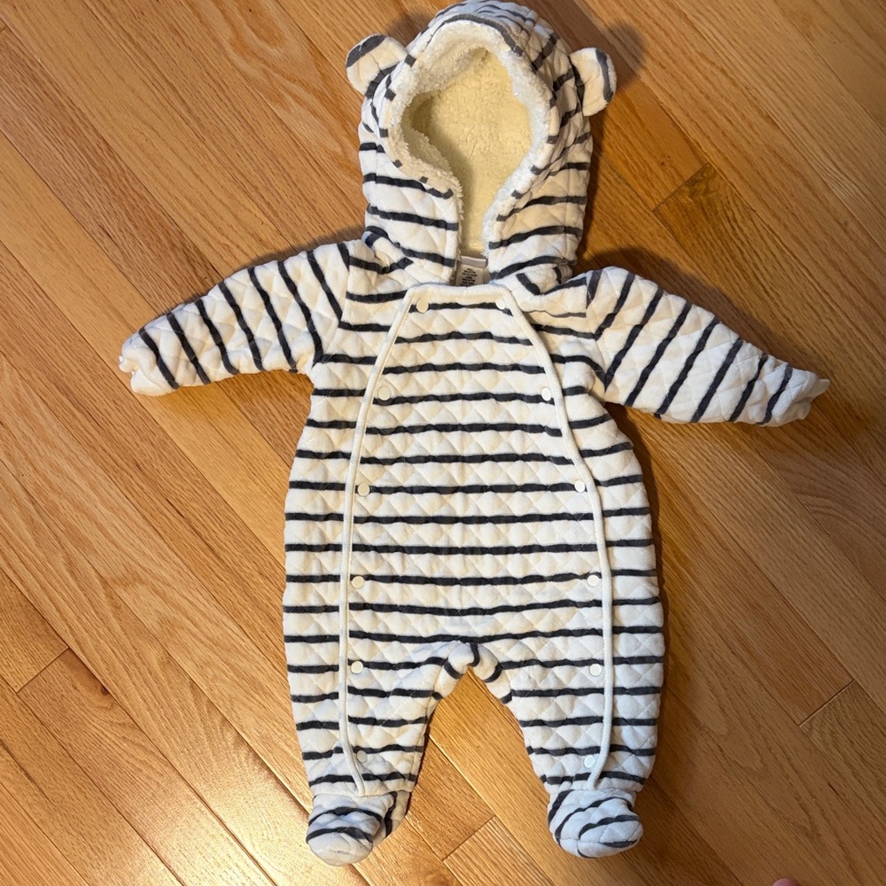 Striped White and Navy/Gray Baby One-Piece Hooded Winter Suit